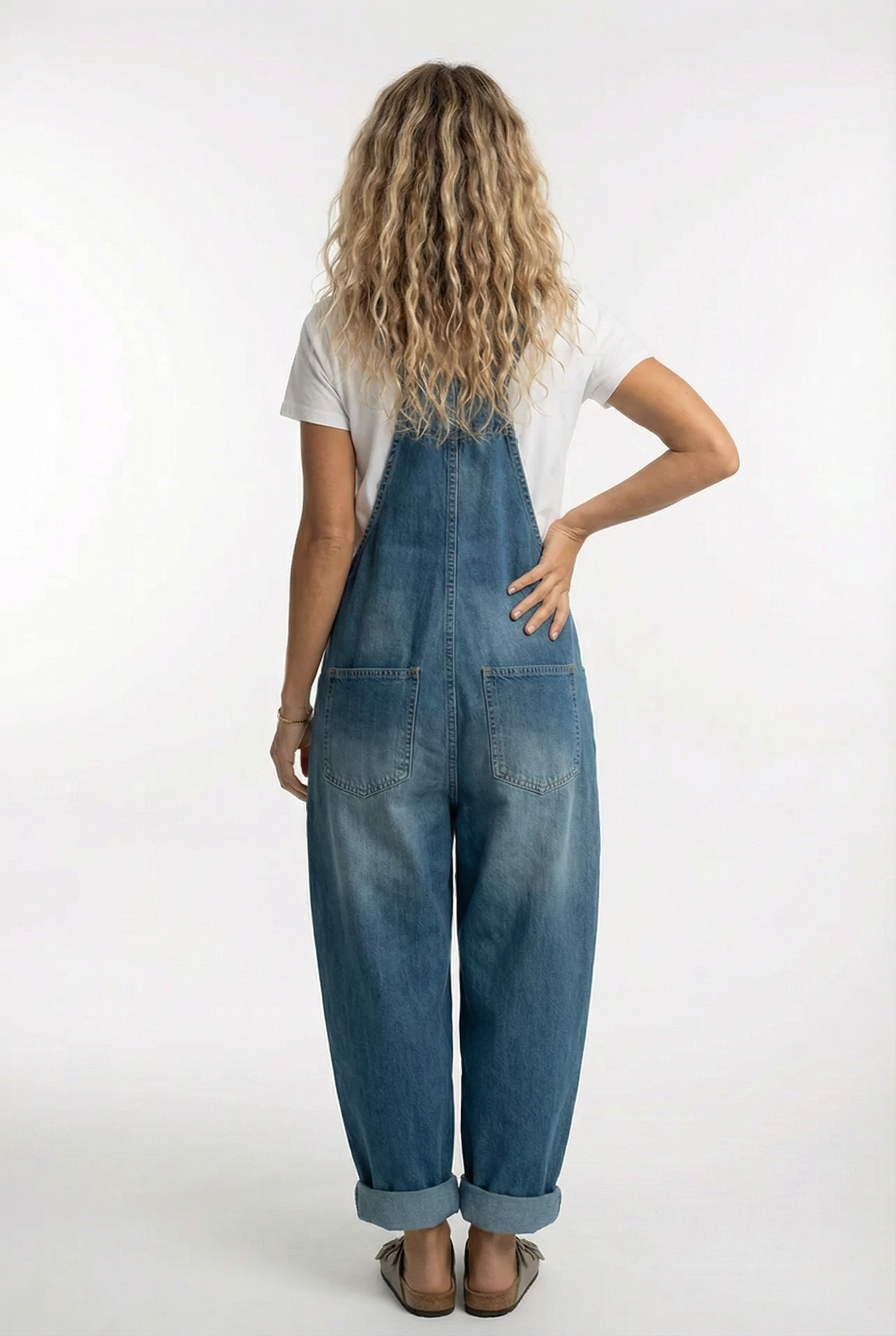 Women's Denim Dungaree Jumpsuit Wide Leg Adjustable Strap Relaxed Fit