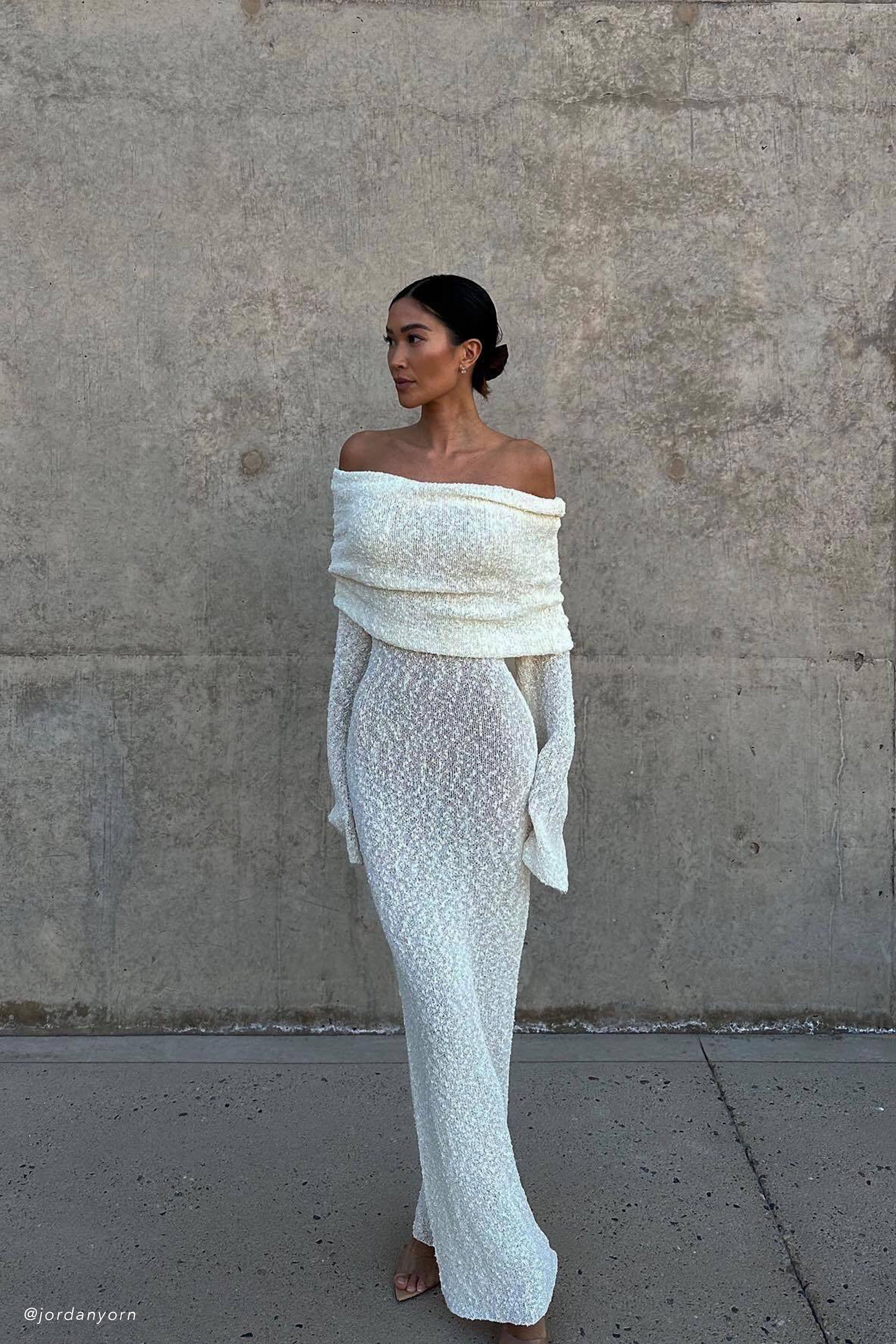 Women’s Elegant Ribbed Maxi Dress | Cream Off-Shoulder Gown