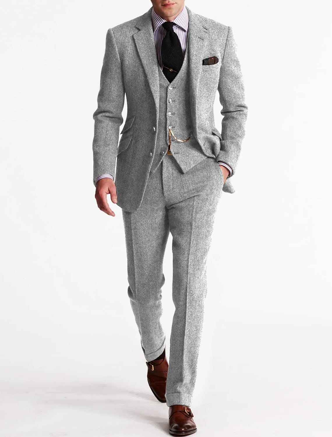 Men's slim fit herringbone three-piece suit with tailored jacket, waistcoat and trousers