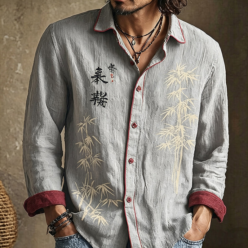 Men's long-sleeved shirt with bamboo artwork, calligraphy and contrast trim
