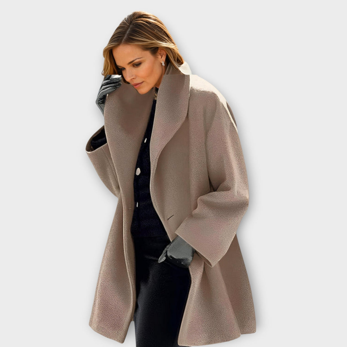 Women's longline jacket with high collar, long sleeves and open front