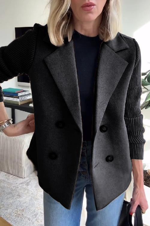 Women's double-breasted blazer with ribbed knit sleeves and notched lapels