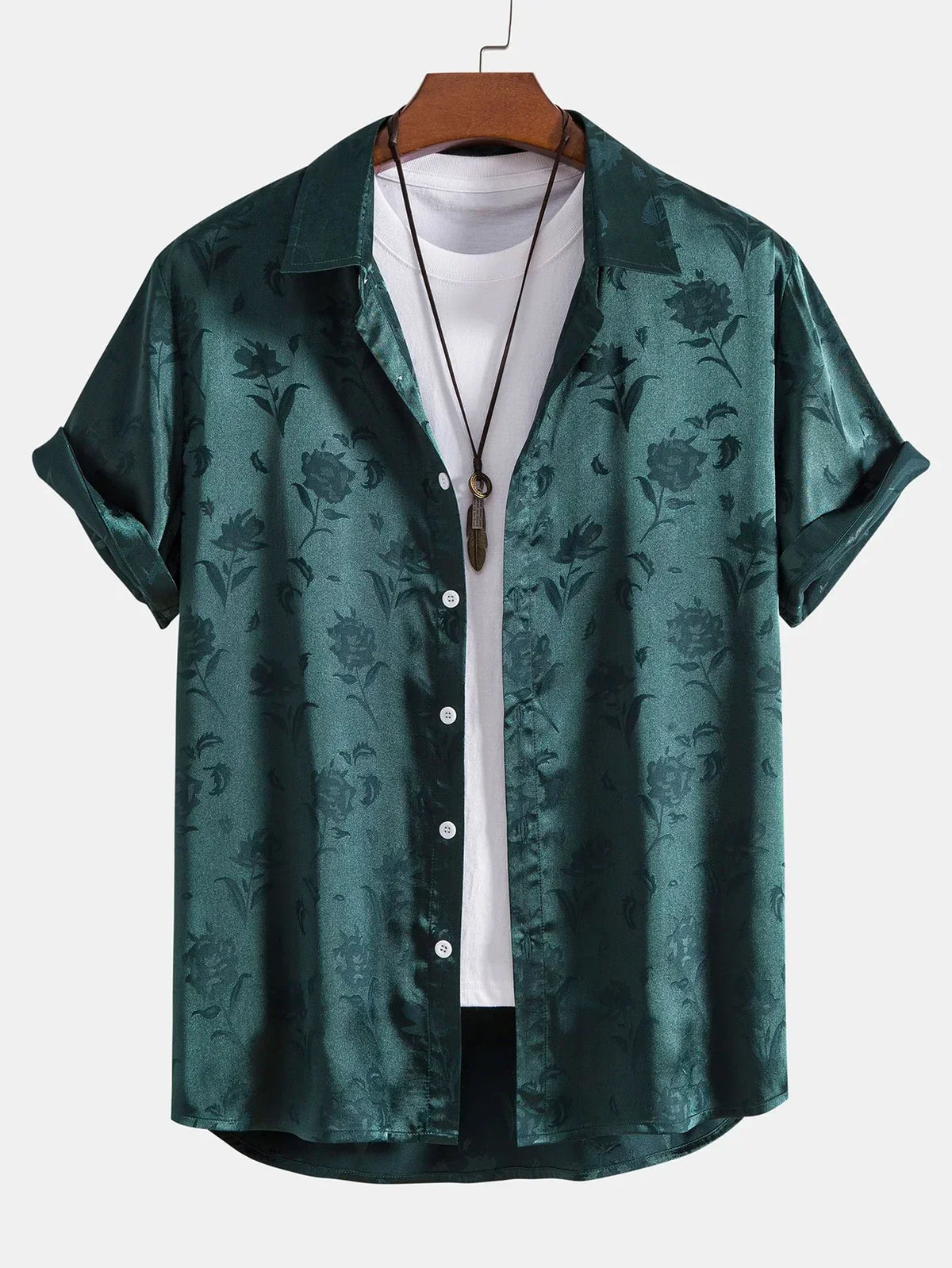 Men's short sleeve floral shirt with pointed collar and button front