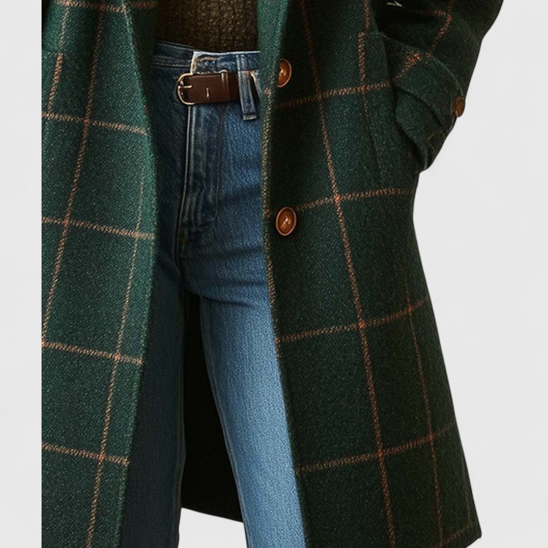 Women's dark green checked coat with wide lapels, long sleeves and front buttons