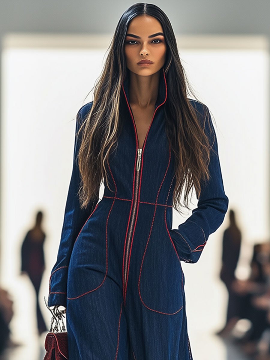 Women's Denim Zip Jumpsuit Red Topstitch Loose Fit