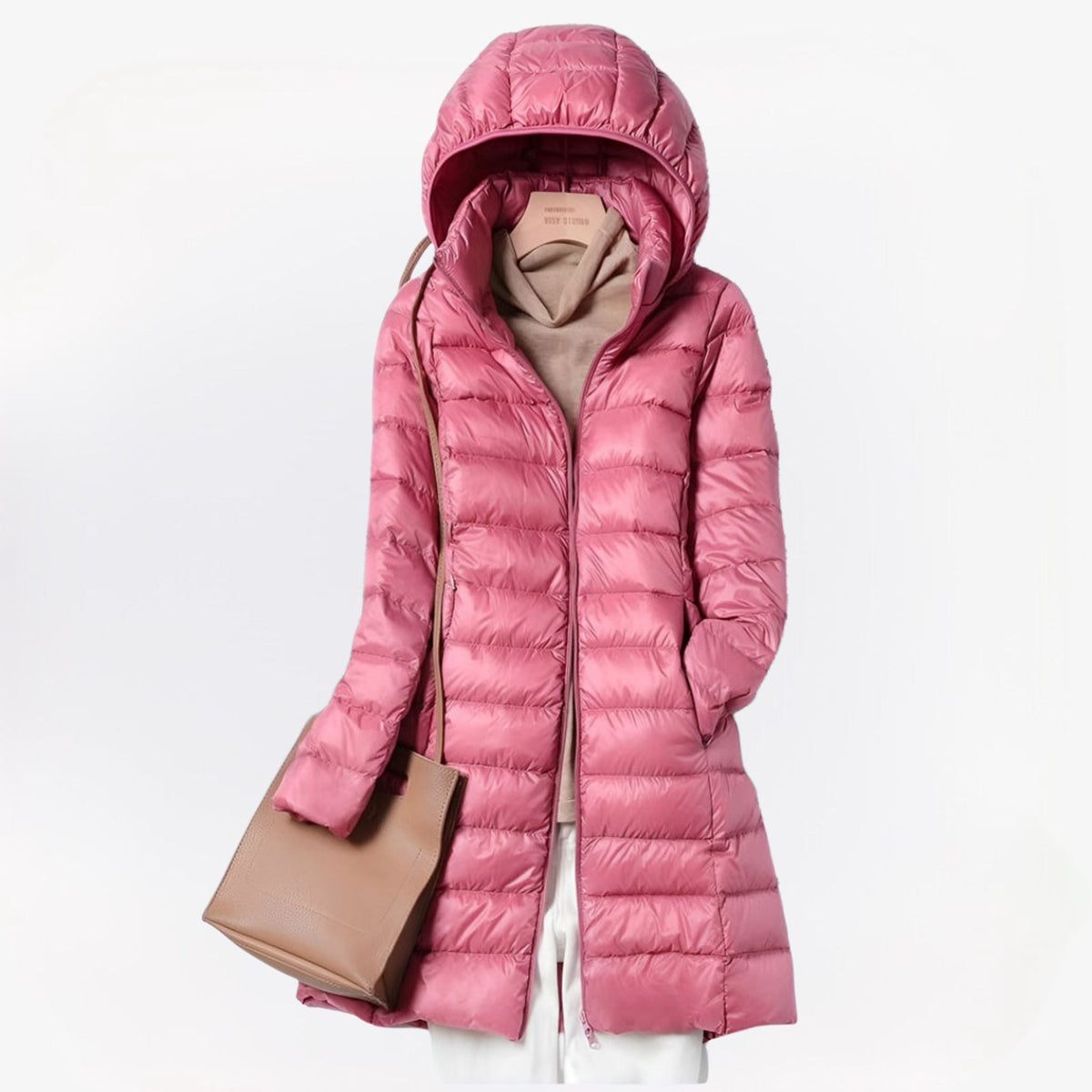 Women's quilted longline hooded puffer coat with zip front