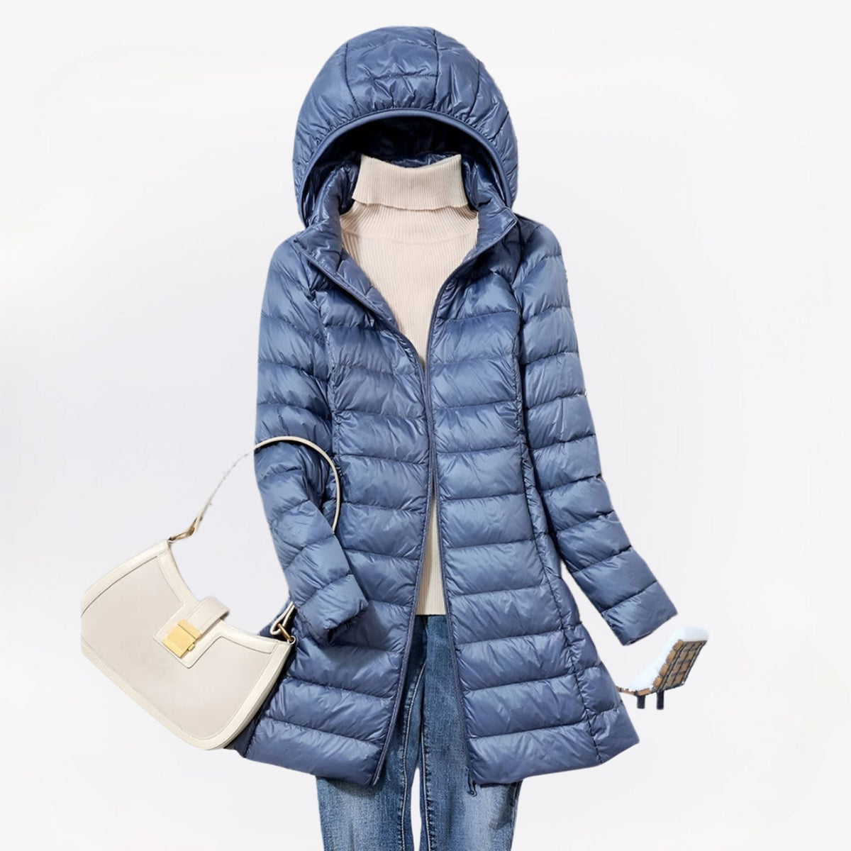 Women's quilted longline hooded puffer coat with zip front