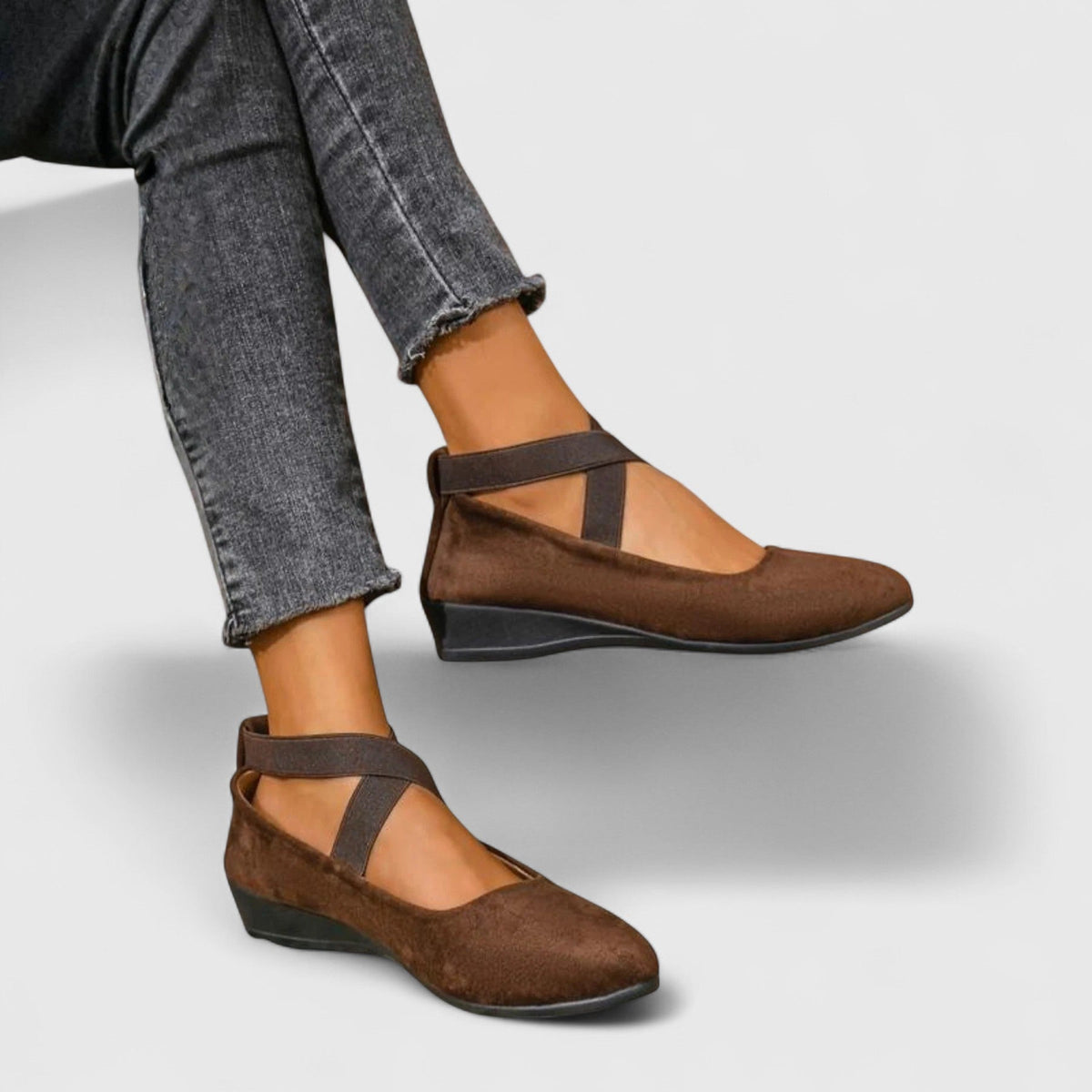 Women's Mary Jane wedge shoes with rounded toes and crossed straps