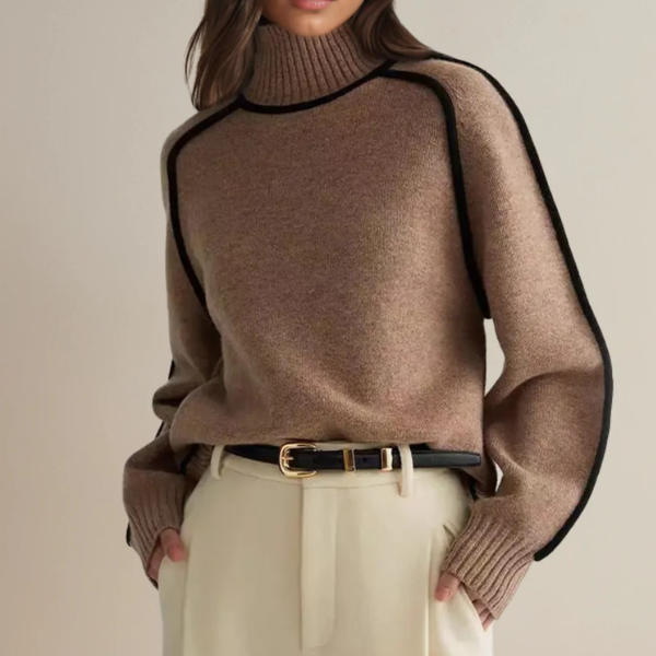 Women's ribbed mock neck jumper with contrast piping and long sleeves