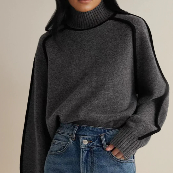 Women's ribbed mock neck jumper with contrast piping and long sleeves