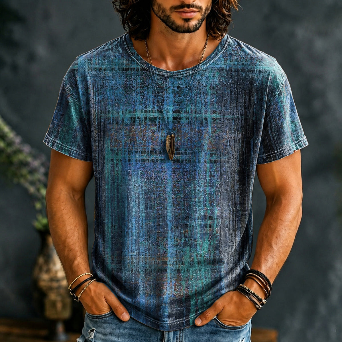 Men's short-sleeve crew-neck T-shirt with multicoloured distressed abstract print
