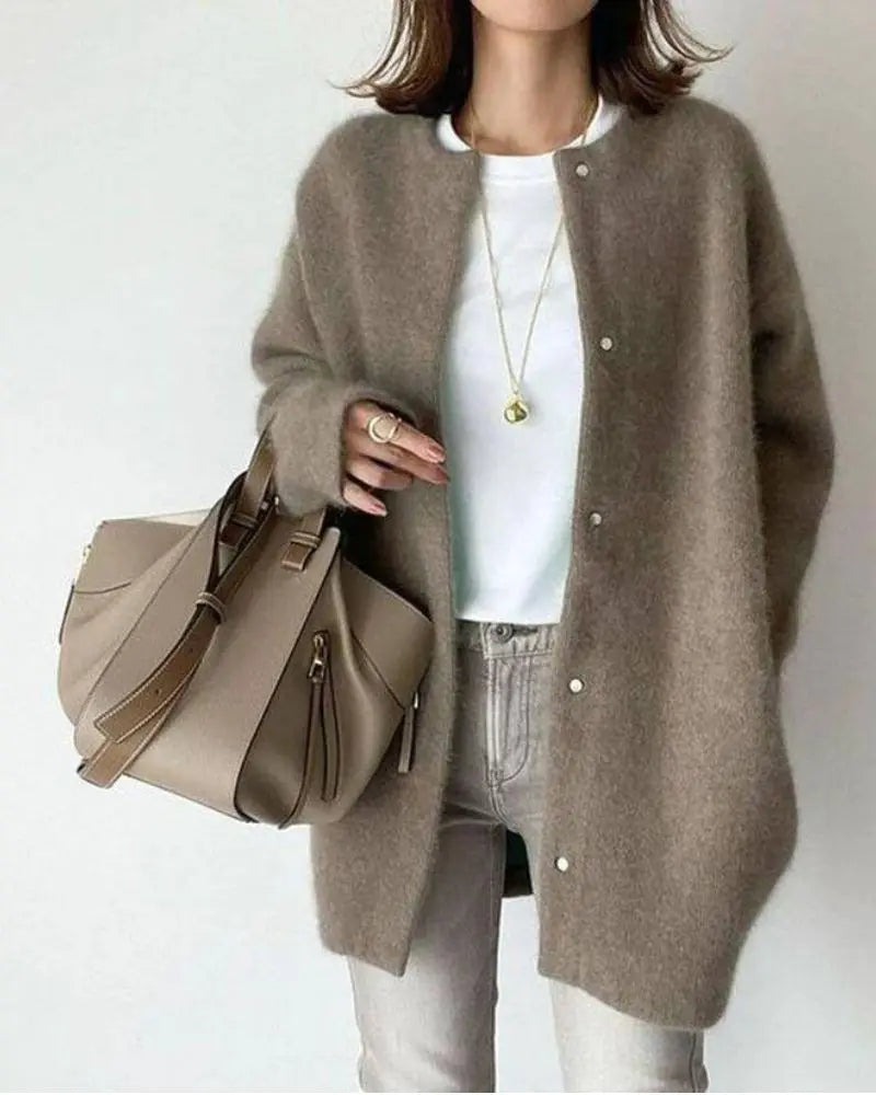 Women's longline button-front cardigan with round neckline and long sleeves