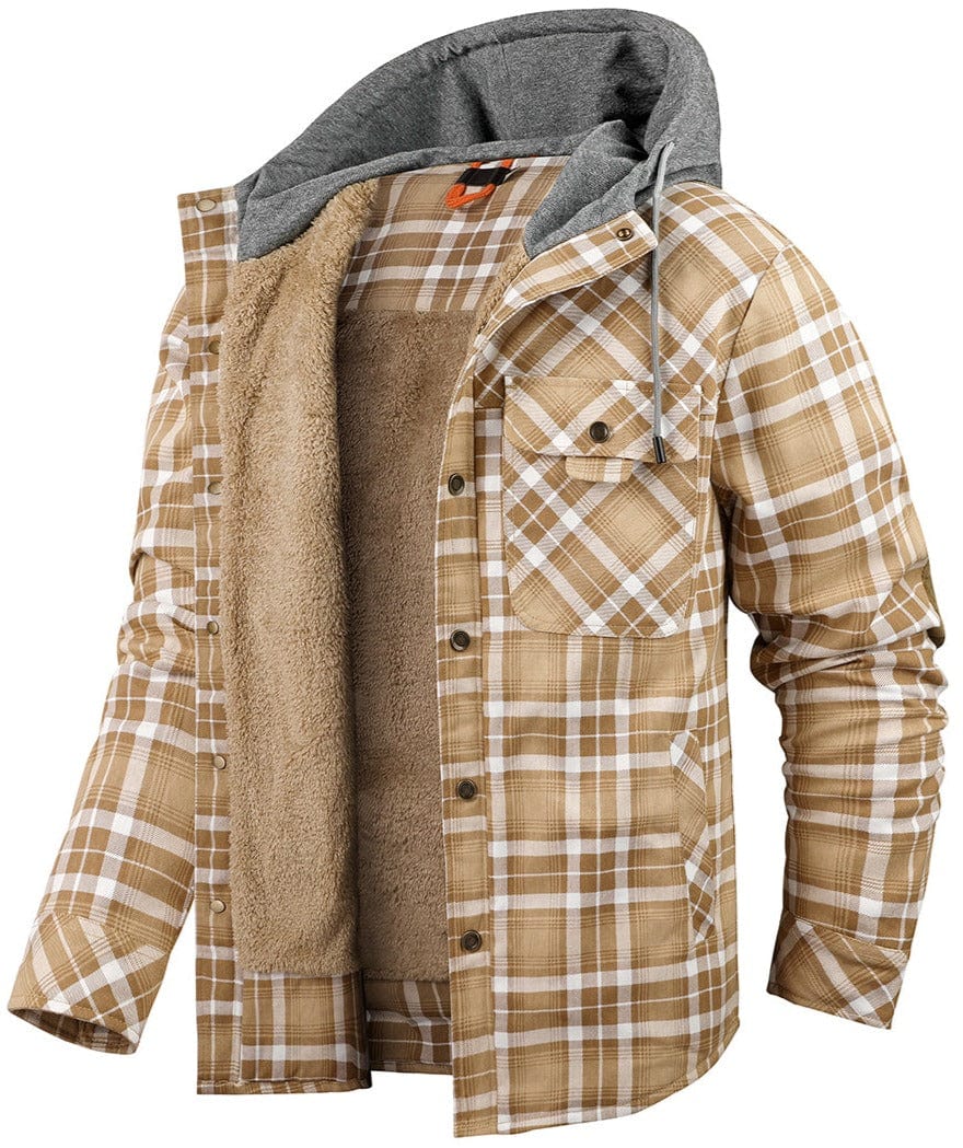 Men's checked hooded jacket with button front, chest pockets and contrasting lining