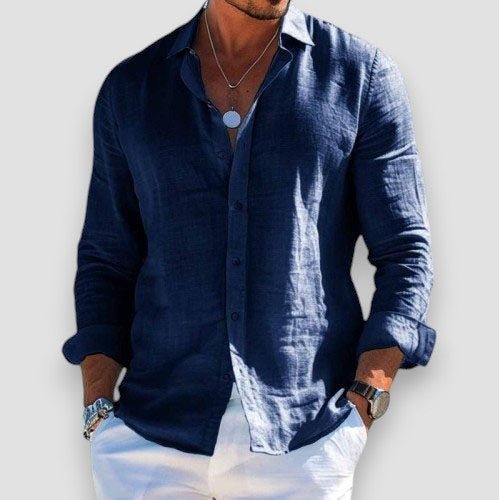 Men's long-sleeve button-up shirt with open collar and curved hem