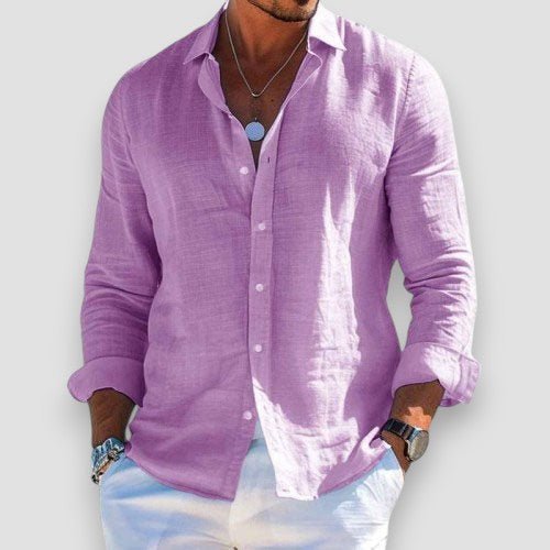 Men's long-sleeve button-up shirt with open collar and curved hem