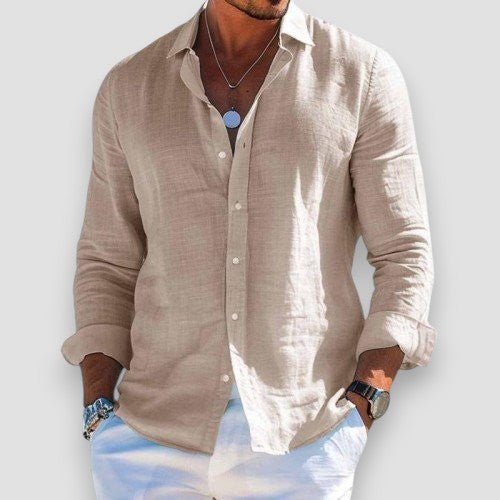 Men's long-sleeve button-up shirt with open collar and curved hem