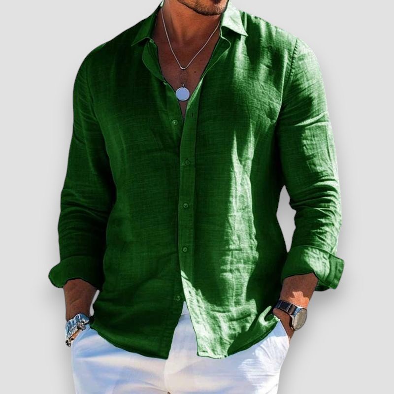 Men's long-sleeve button-up shirt with open collar and curved hem