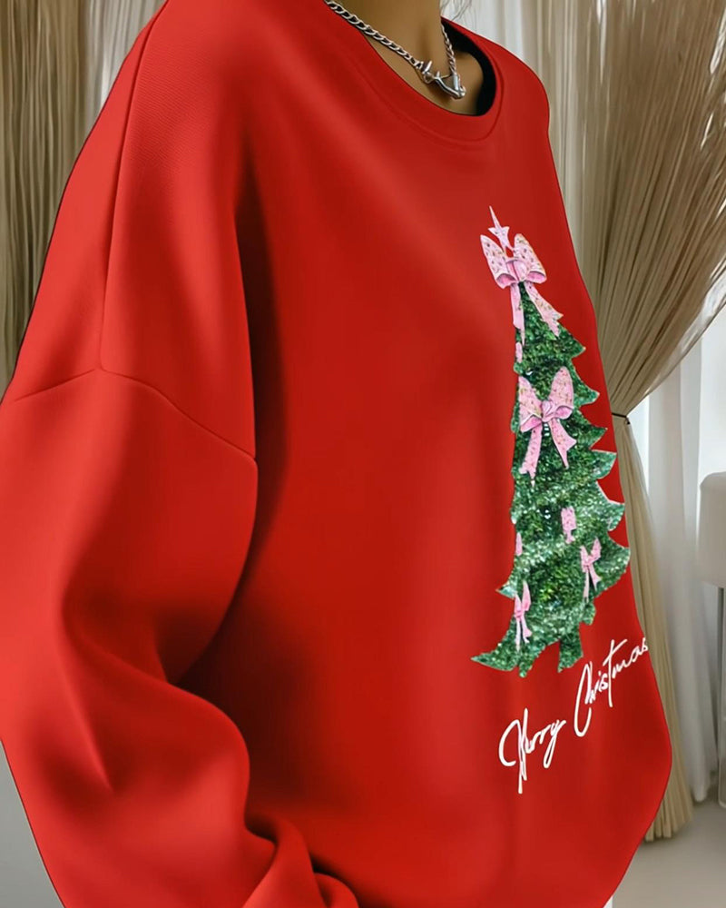 Women's long-sleeve sweatshirt with a decorated Christmas tree and Merry Christmas print