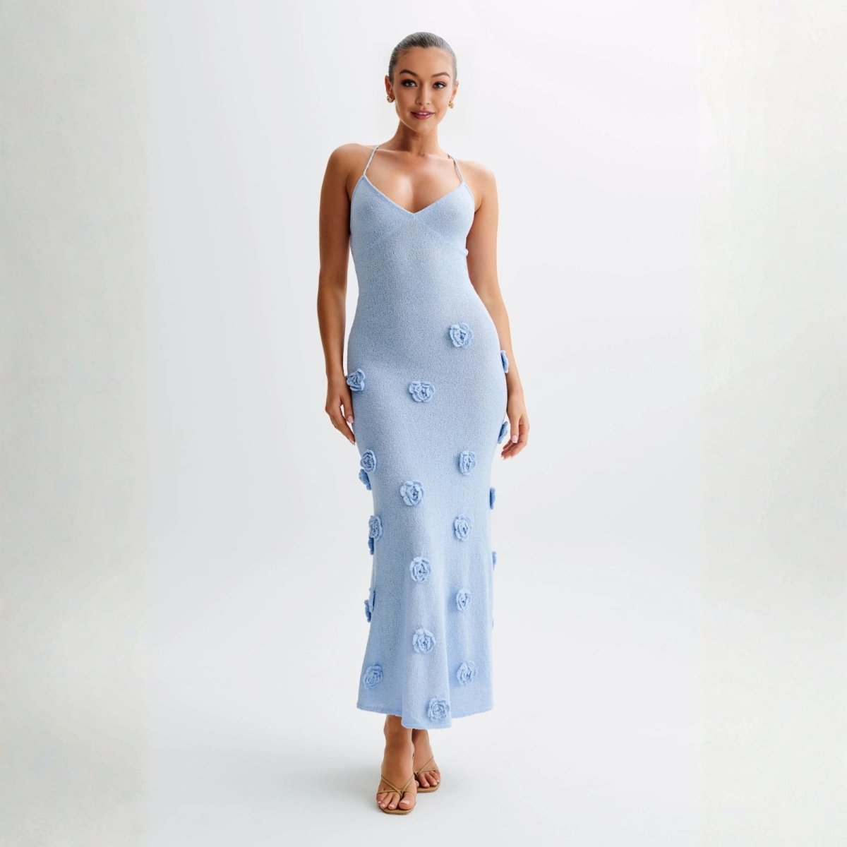 Women's Halter Maxi Dress Open Back Bodycon Fit Rosette Detail | Blue
