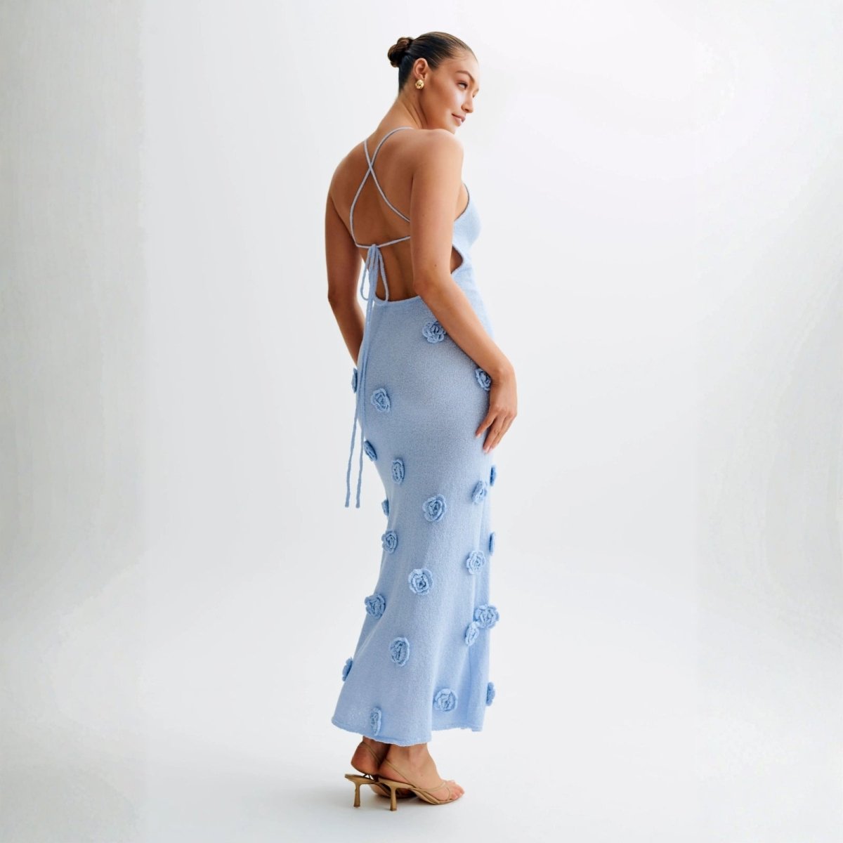 Women's Halter Maxi Dress Open Back Bodycon Fit Rosette Detail | Blue