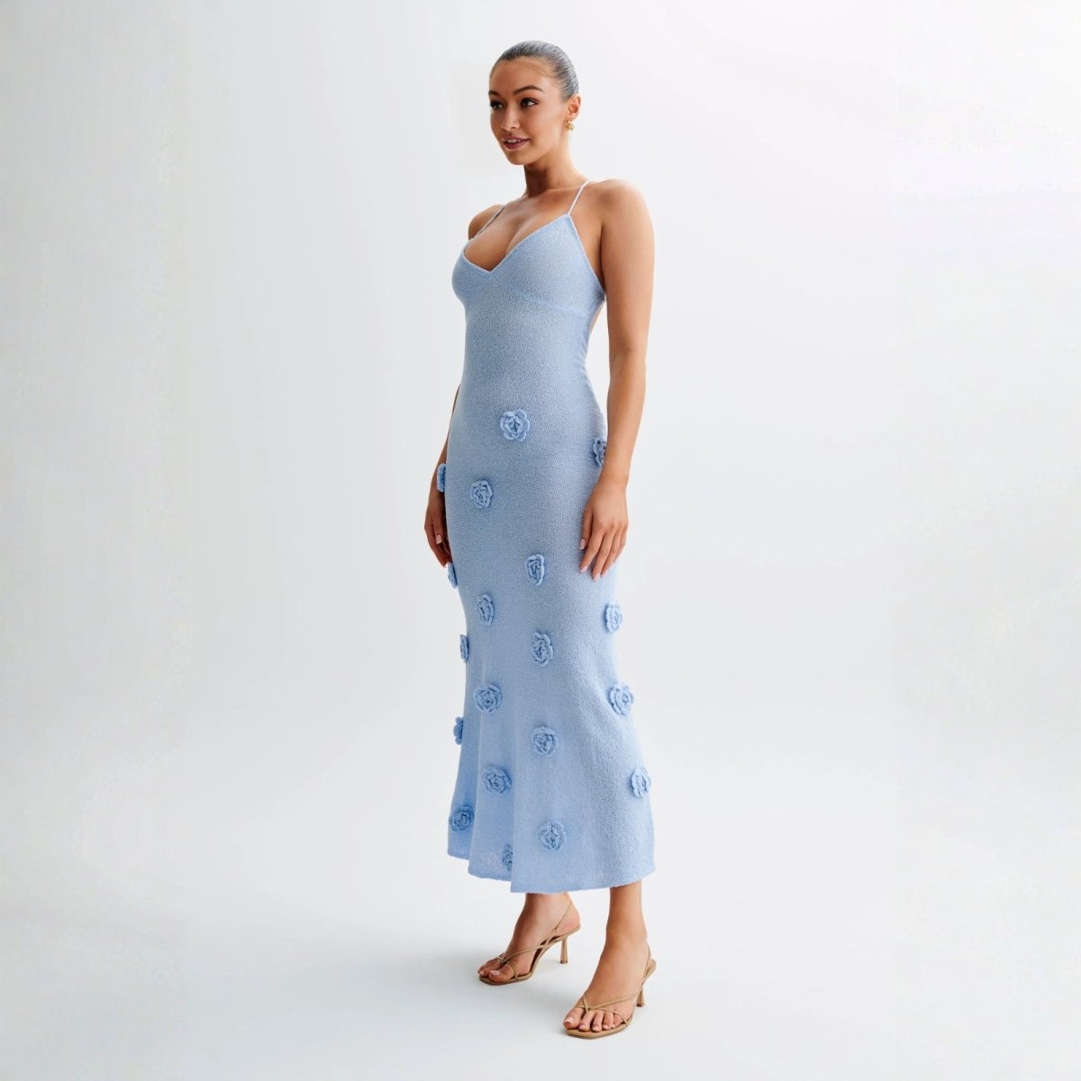 Women's Halter Maxi Dress Open Back Bodycon Fit Rosette Detail | Blue