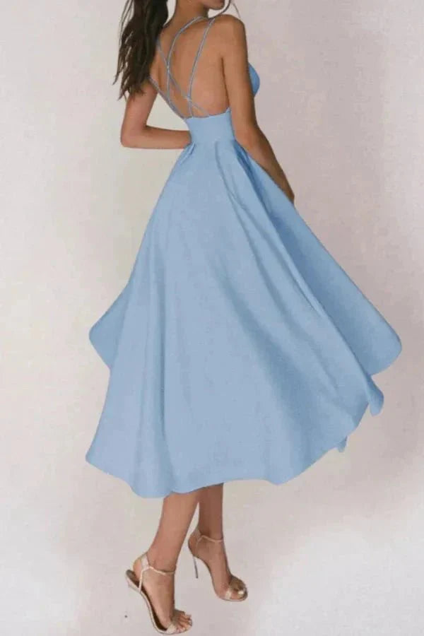 Women's A-Line Midi Dress Plunge Neck Open Back Strap Fit | Blue