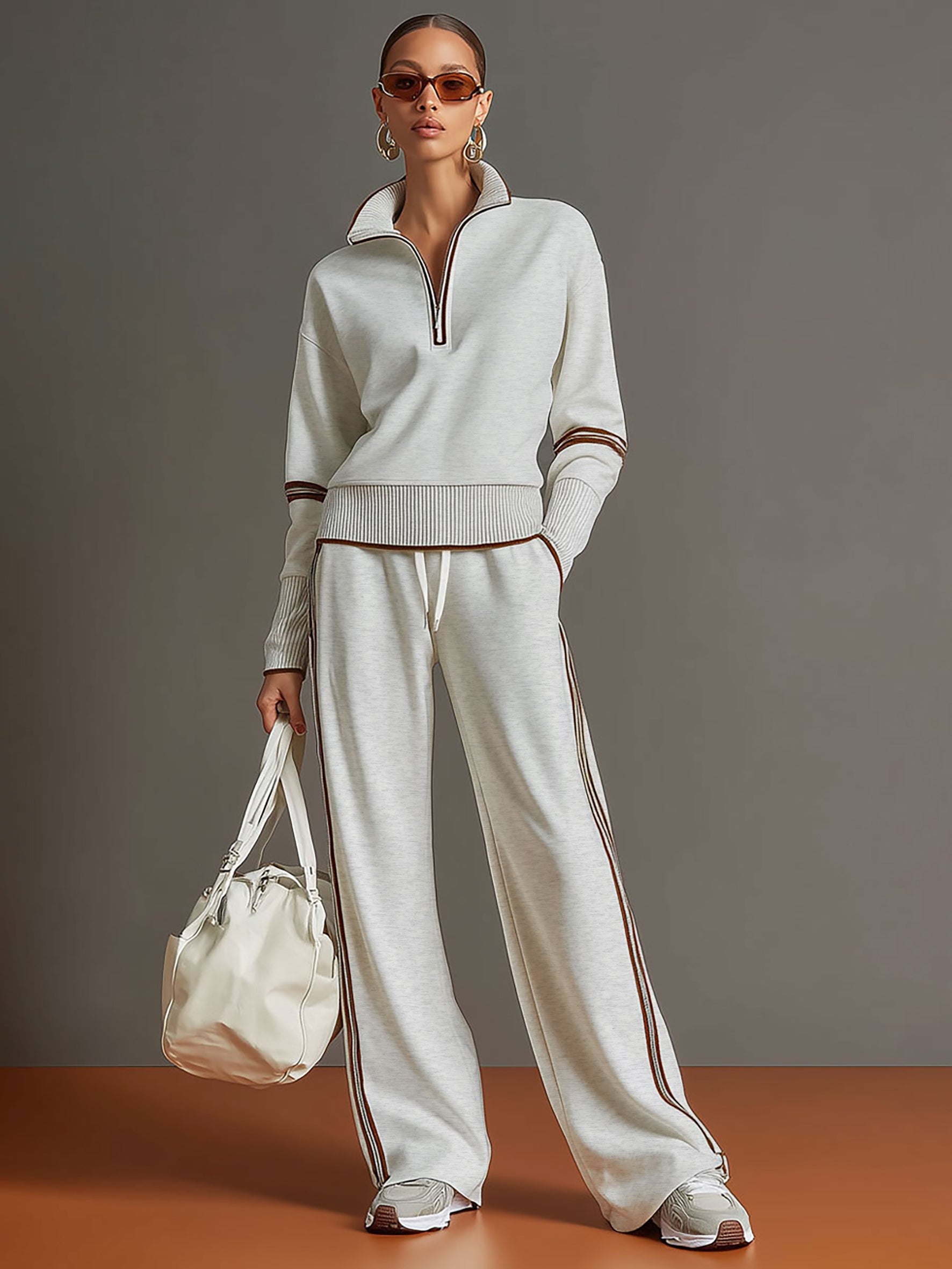 Ribbed Zip Lounge Set Grey White Loose Fit Tracksuit