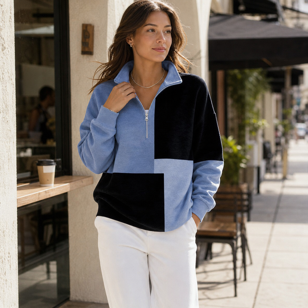 Women's blue and black colourblock half-zip sweatshirt with stand collar