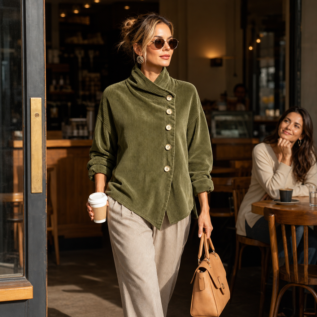 Women's corduroy top with funnel collar, front buttons and asymmetric hem