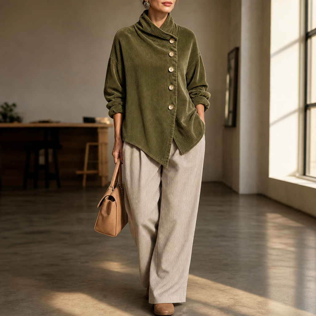 Women's corduroy top with funnel collar, front buttons and asymmetric hem