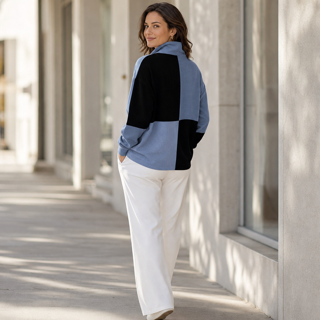Women's blue and black colourblock half-zip sweatshirt with stand collar