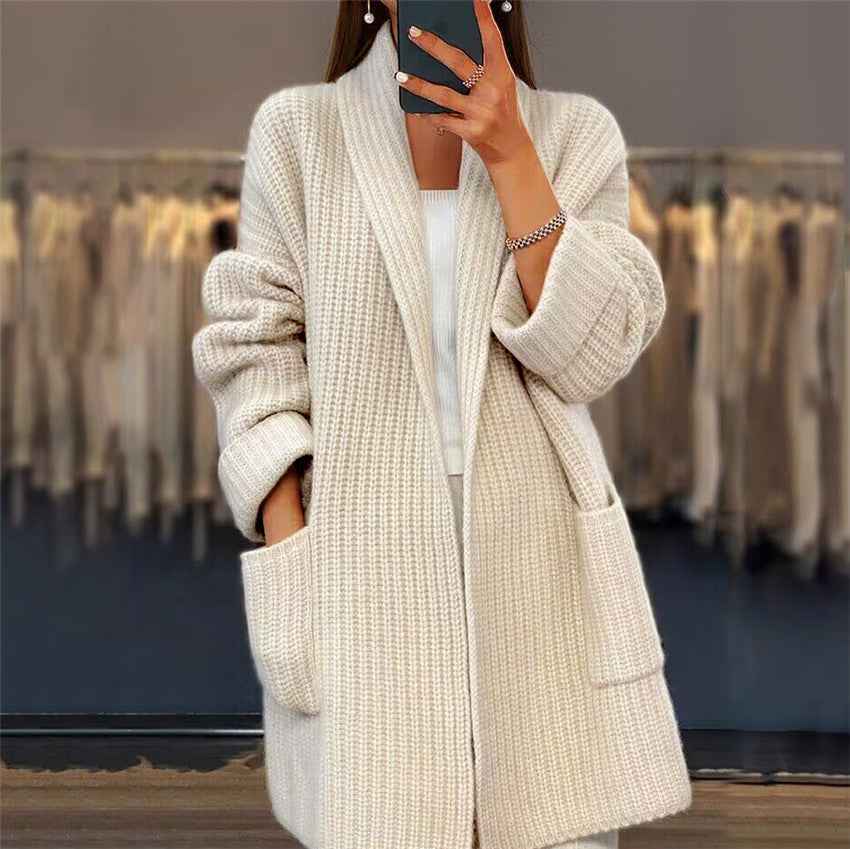 Women's longline textured knit cardigan with open front and large patch pockets