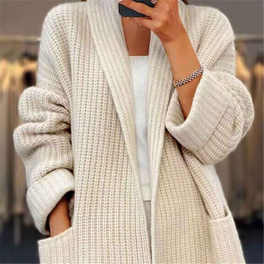 Women's longline textured knit cardigan with open front and large patch pockets