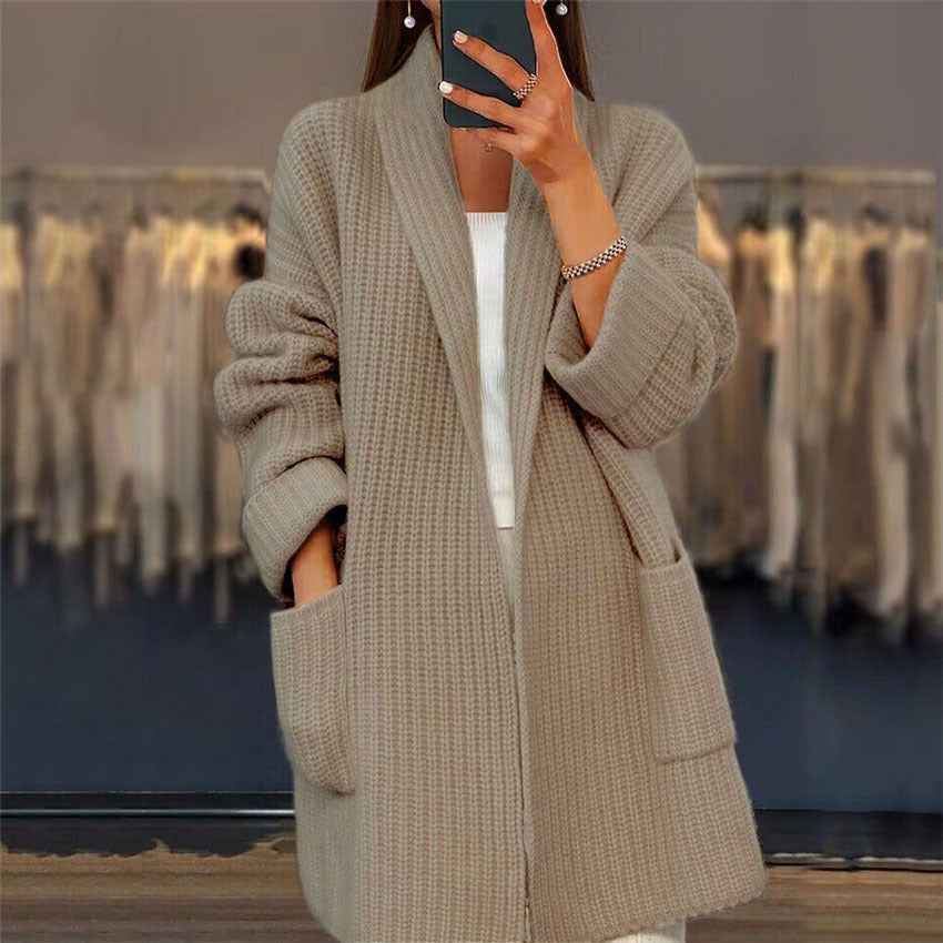 Women's longline textured knit cardigan with open front and large patch pockets