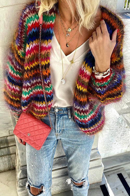 Women's multicolour striped knitted cardigan with long sleeves