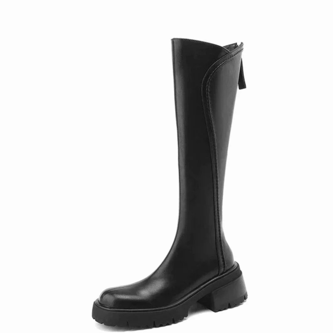 Women's tall boots with round toes, side zips, low block heels and lugged soles