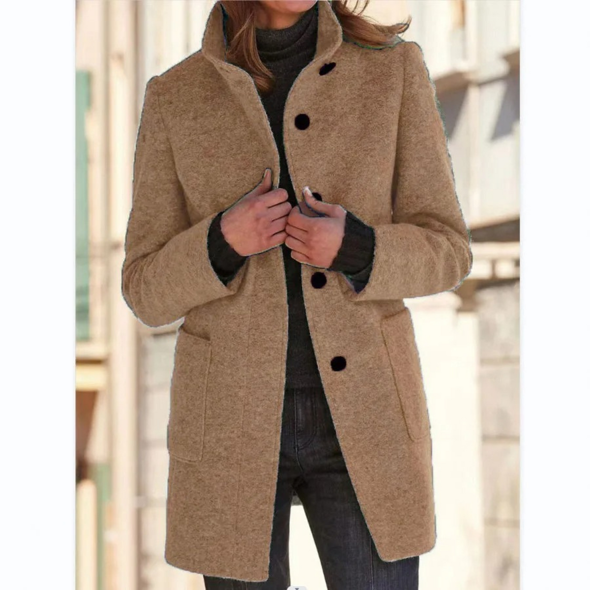 Women's longline coat with stand collar, button front and patch pockets