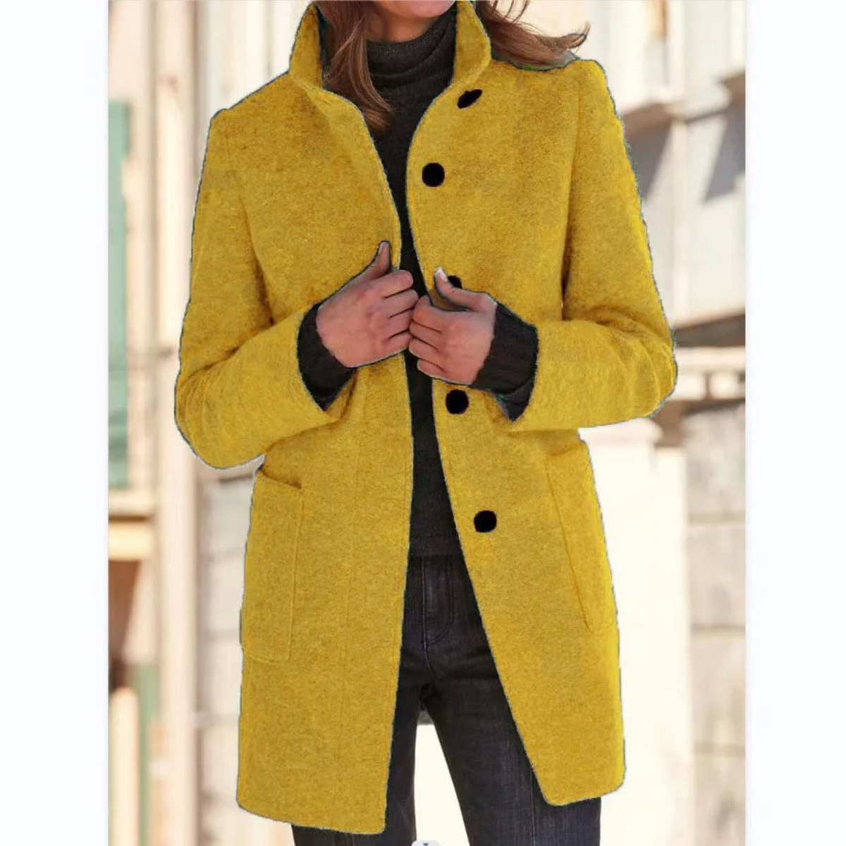 Women's longline coat with stand collar, button front and patch pockets