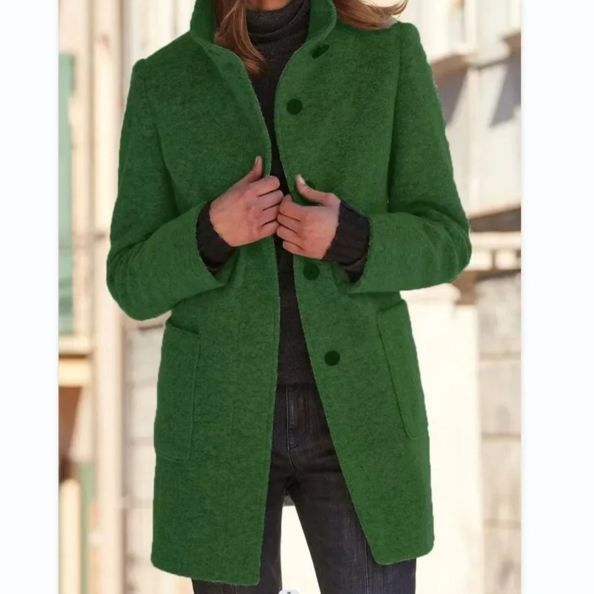 Women's longline coat with stand collar, button front and patch pockets