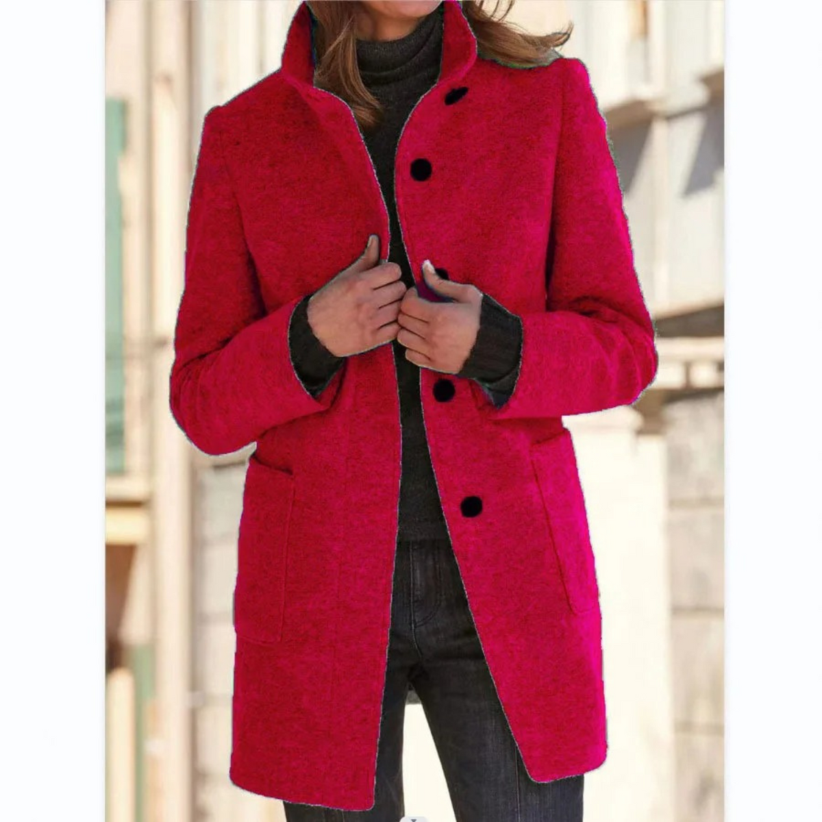 Women's longline coat with stand collar, button front and patch pockets