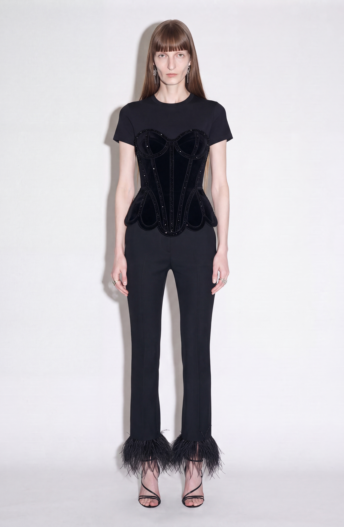Black short-sleeve T-shirt with structured corset-style front and sparkling trim