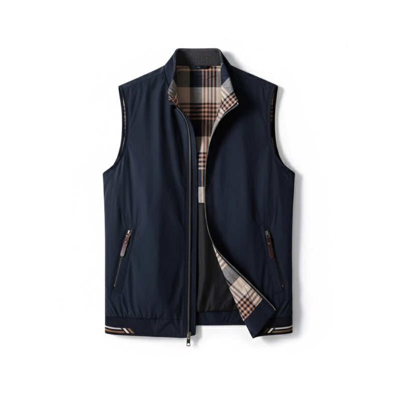 Men's sleeveless checked gilet vest with stand collar, zip front and angled pockets