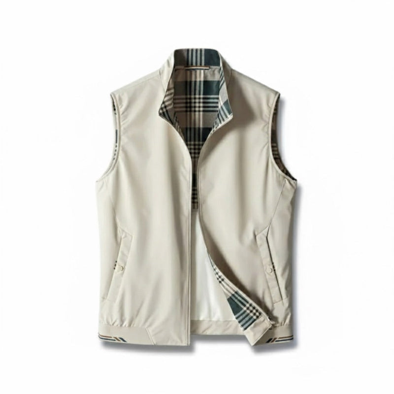 Men's sleeveless checked gilet vest with stand collar, zip front and angled pockets