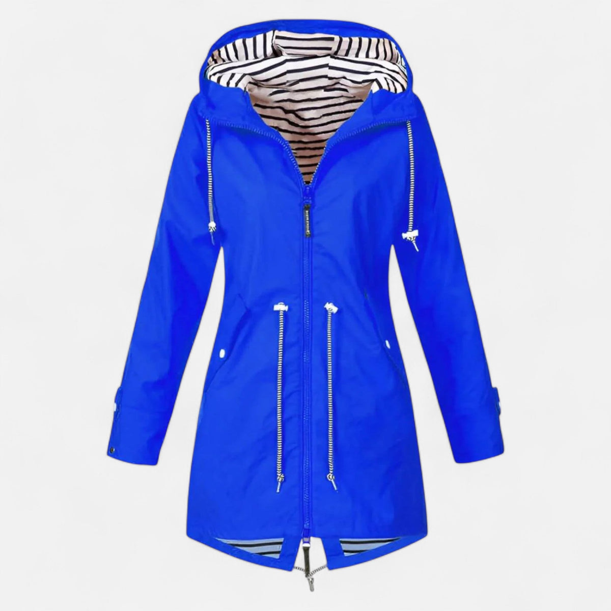Women's hooded longline jacket with striped lining and zipped pockets