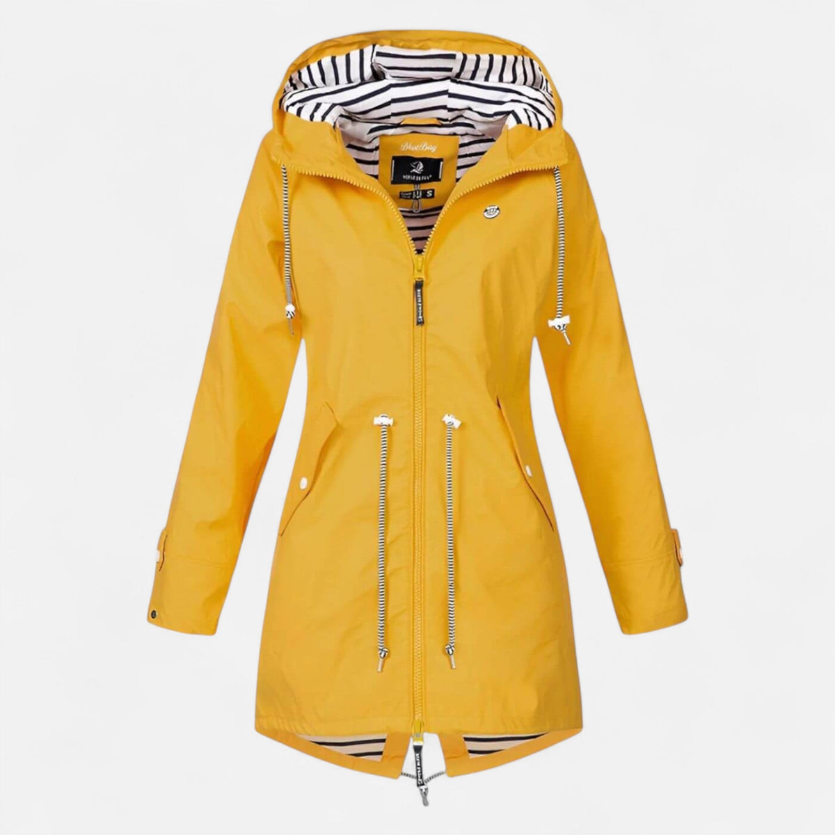 Women's hooded longline jacket with striped lining and zipped pockets