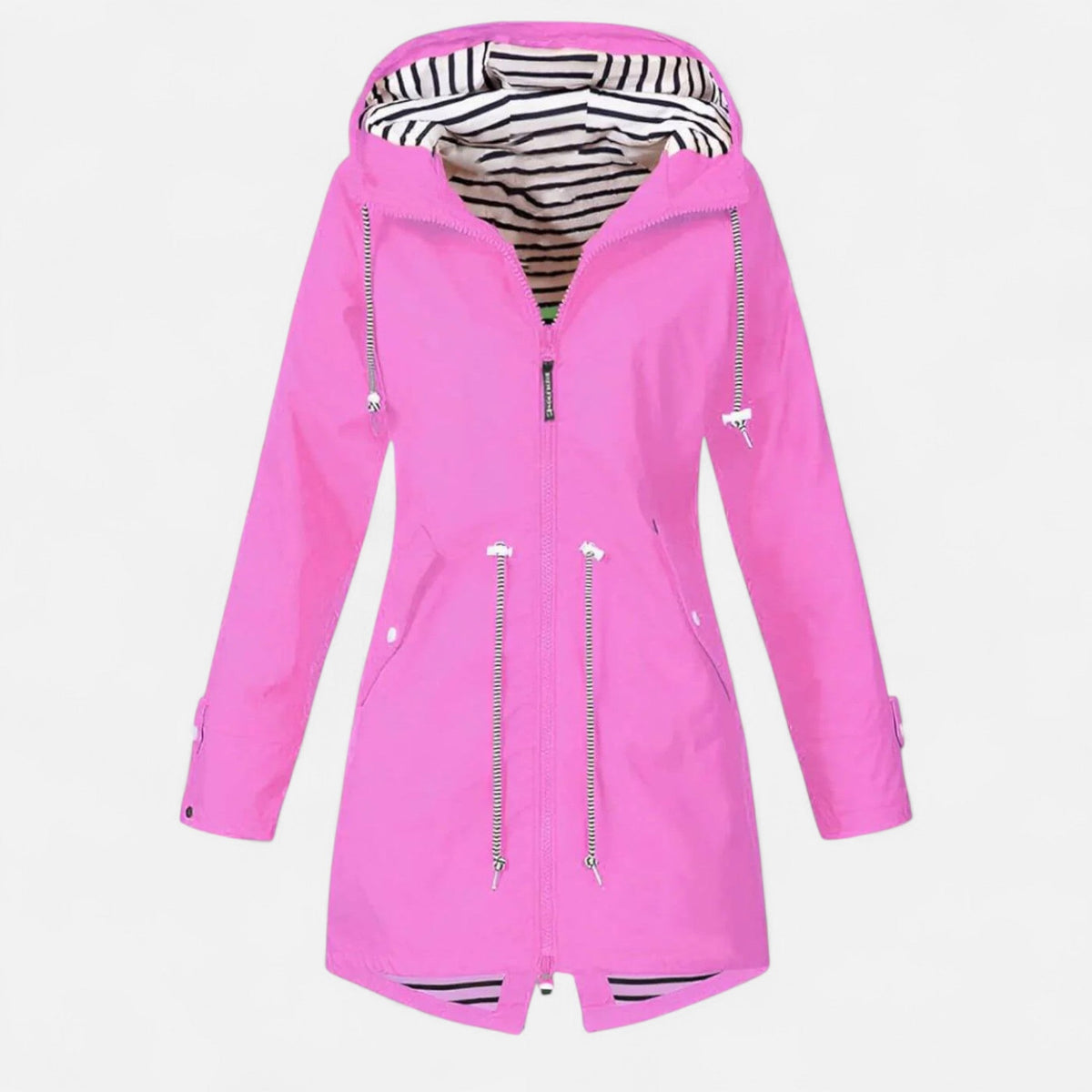 Women's hooded longline jacket with striped lining and zipped pockets