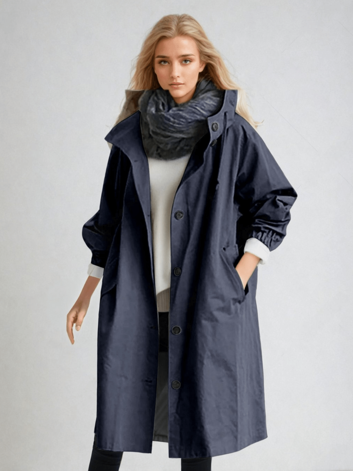 Women's longline hooded trench coat with button front and elasticated cuffs