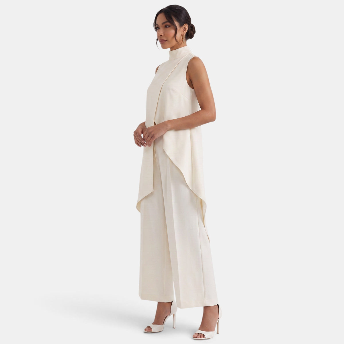 Women's sleeveless mock-neck two-piece set with an asymmetric top and wide-leg cropped trousers