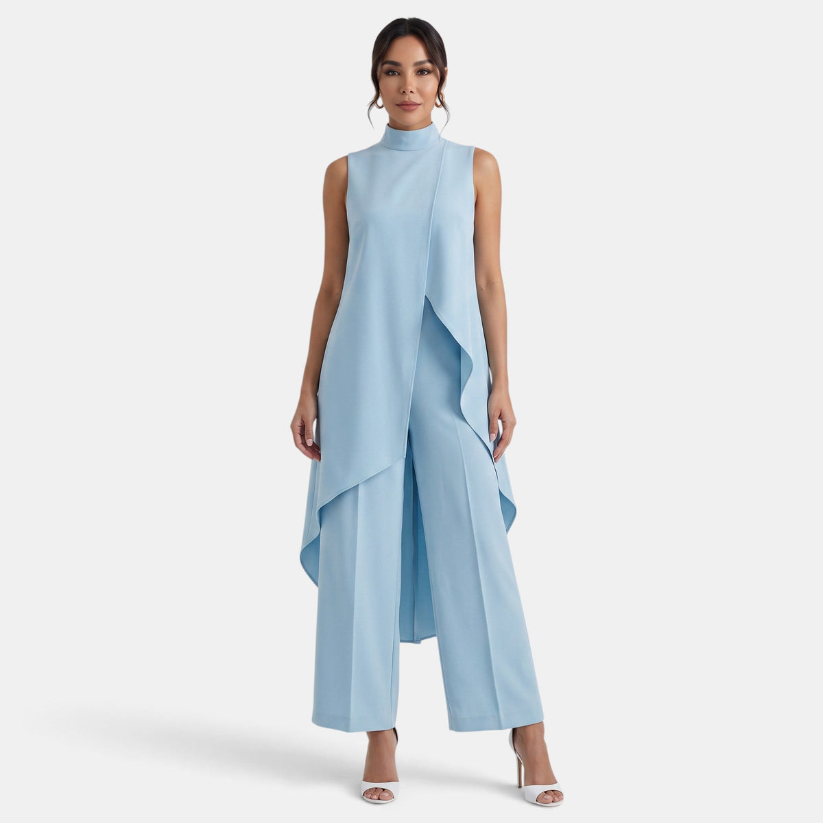 Women's sleeveless mock-neck two-piece set with an asymmetric top and wide-leg cropped trousers