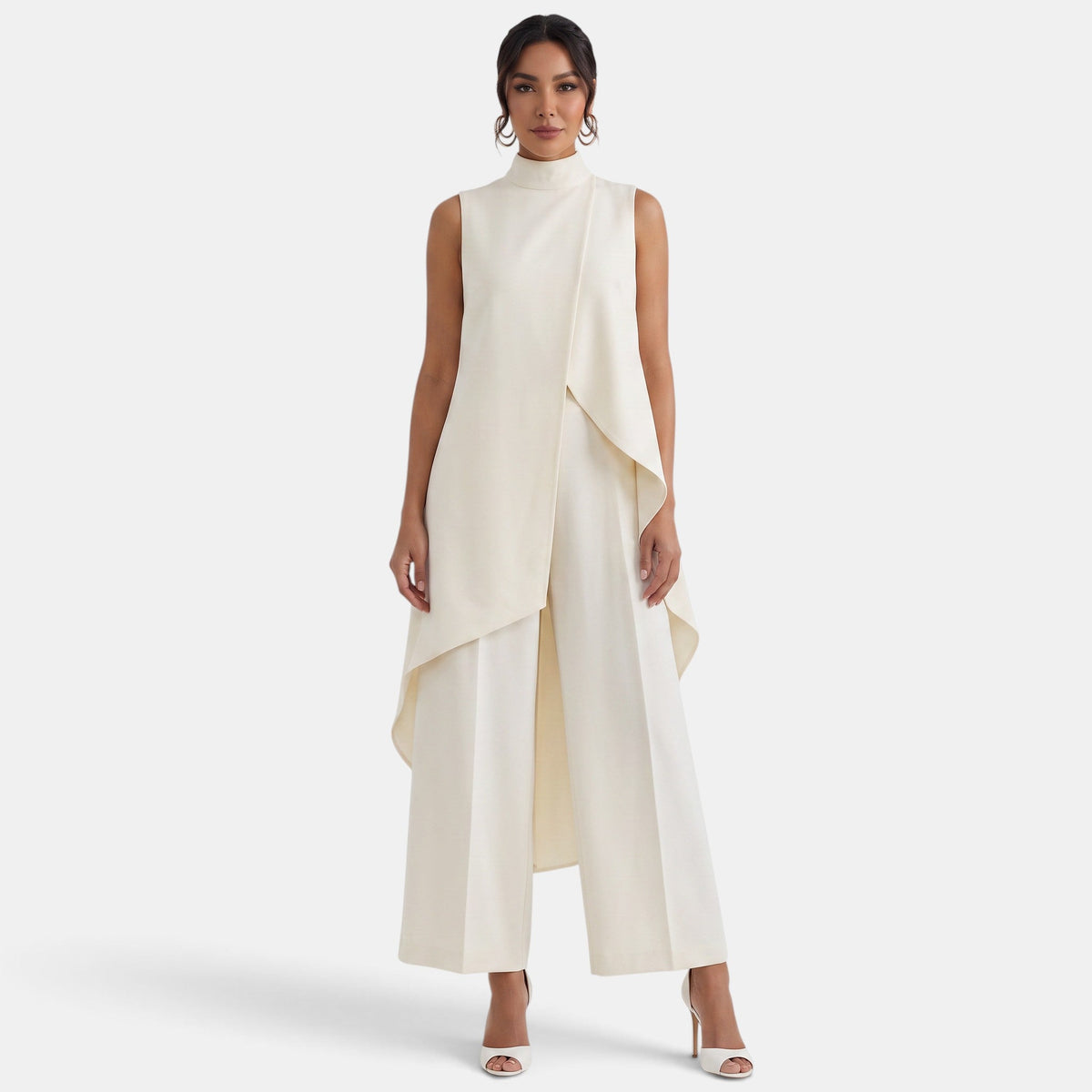 Women's sleeveless mock-neck two-piece set with an asymmetric top and wide-leg cropped trousers